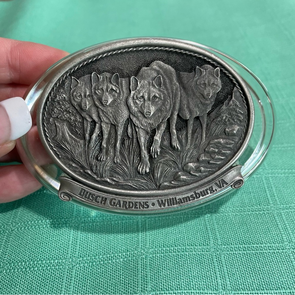 Vintage Paper weight Wolves glass, and pewter
